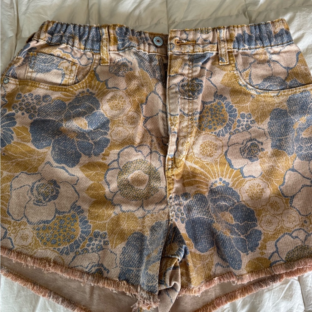 Pilcro Blue and Tan Jean Shorts with Floral Pattern